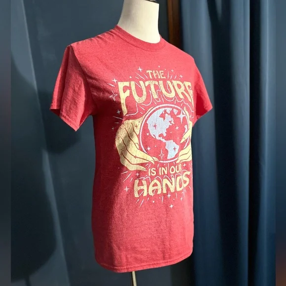 The Future is in Our Hands Red Screen Print T Shirt - Picture 2 of 8